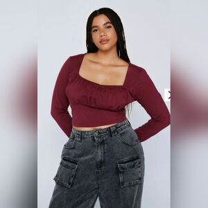 Nasty Gal Plus Size Corset Detail Long Sleeve Top Size 18 in Burgundy NWT in pkg